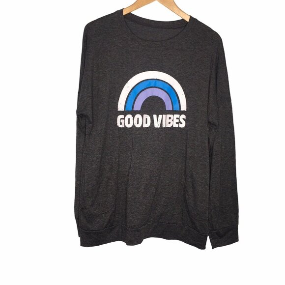 Good Vibes Pullover Shirt Women XL Rainbow Gray Lightweight Pockets Long Sleeve - Picture 1 of 9